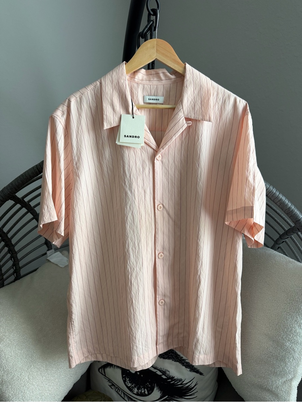 Sandro Pale Pink Short-Sleeve Pinstripe Button-Down Shirt XXL